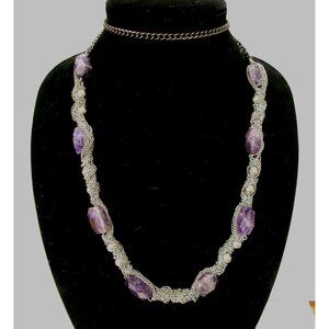 Amethyst & Silver Chain Necklace With Faux Pearl Accents